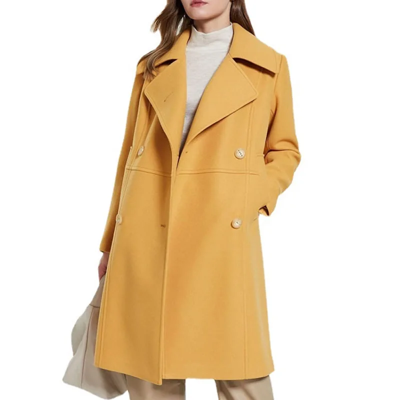 

New designer women yellow wool coat fashion Double Breasted winter wool coat G7525