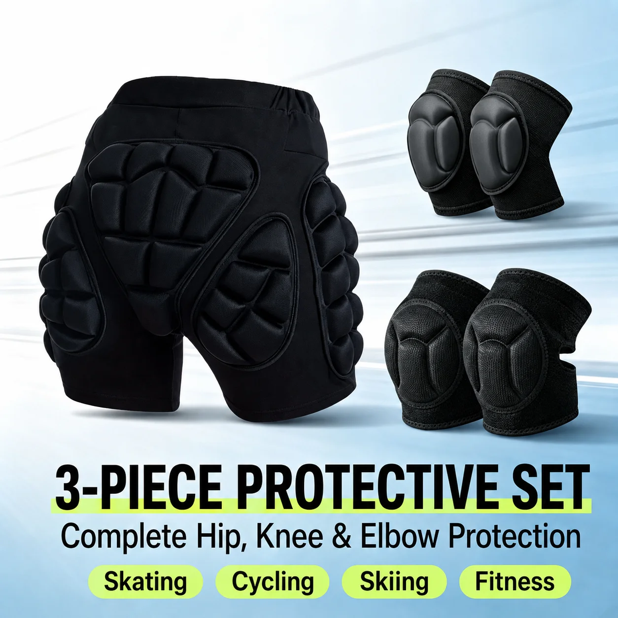 Protective Gear Set 3 Piece Hip Padded Shorts Knee Pads Elbow Pads for Roller Skating Cycling Skiing Sports