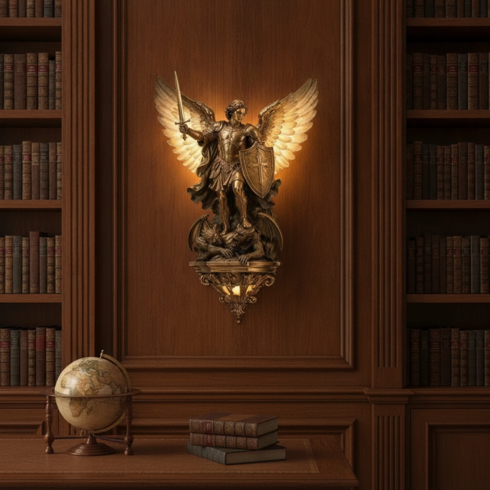 Archangel Wall Lamp Bronze Finish Angel Wall Lamp Resin Sculpture with Light for Collectors, Fans, Bedroom, Game Room, Bar