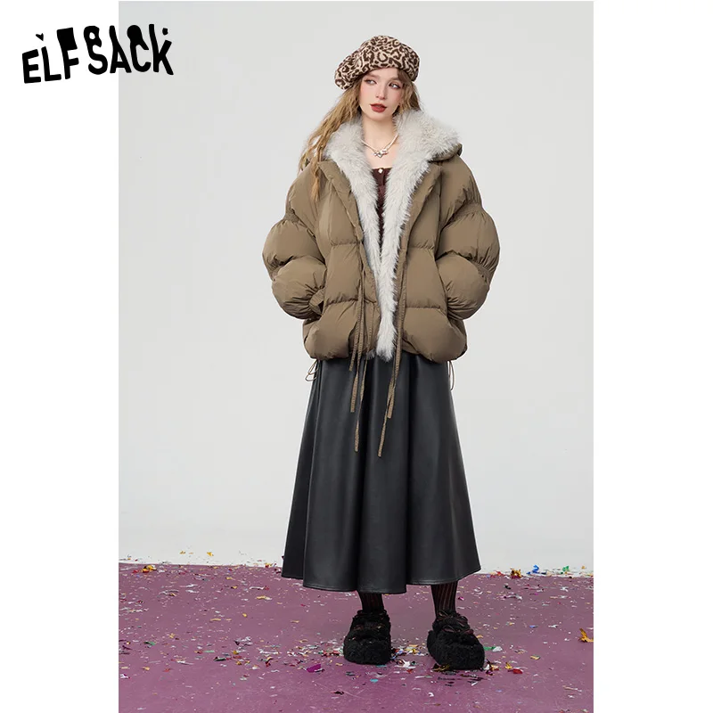 

ELFSACK 2024 Winter New Arrivals Fake fur collar stitching down jacket women raglan long sleeve warm coat