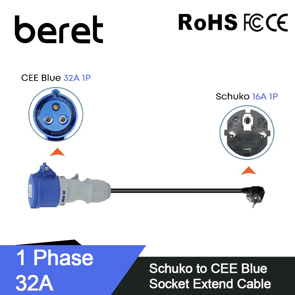

Beret Customizable Portable EV Charger Adapter Cable EU Schuko CEE Blue Plug 3 Pins Female Socket 32A 1Phase 7KW Charger