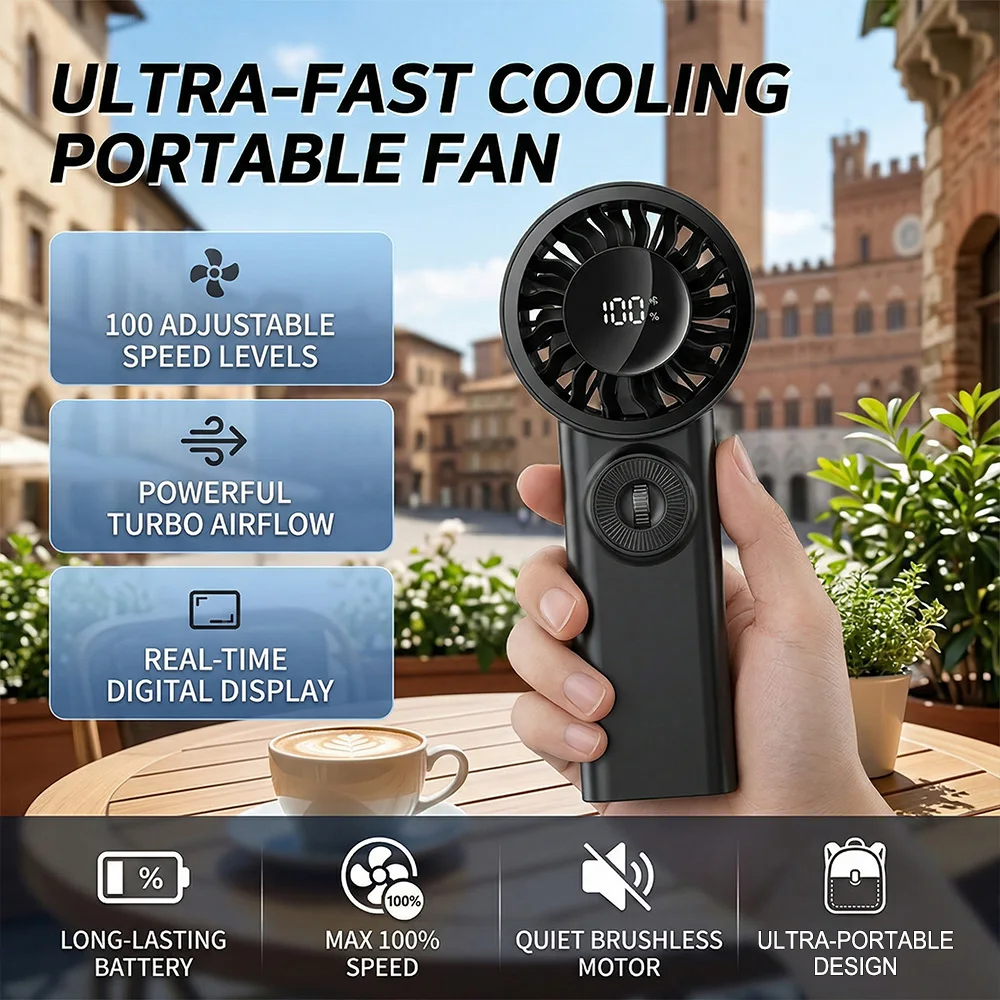 Tragbarer Handventilator, wiederaufladbarer USB-Mini-Turbinenventilator mit Digitalanzeige, 100 Geschwindigkeitsstufen, leiser bürstenloser Motor für Reisen, Büro, Outdoor