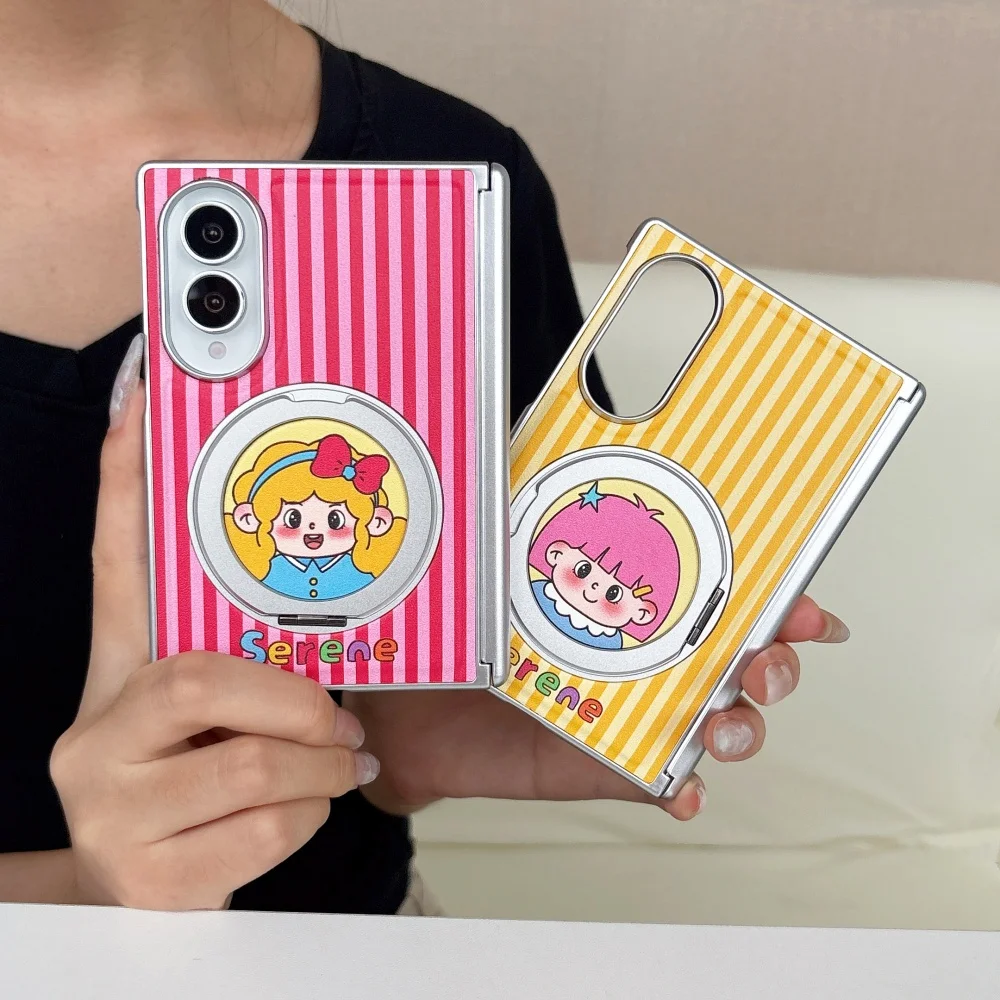 Kawaii Striped Cartoon Girl Phone Case for Samsung Galaxy Z Fold 8 Ultra Z Fold 8 7 6 Folding Shockproof Set with Magnetic Stand