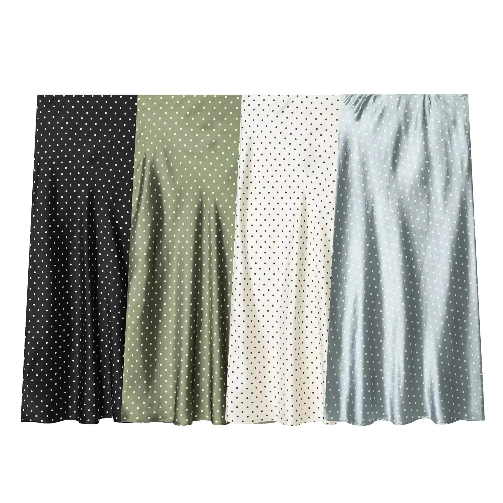 

Элегантная атласная юбка в горошек для женщин, с завышенной талией, А-силуэт, миди, модная, под шелк, для офиса, длинная, женская, 2026