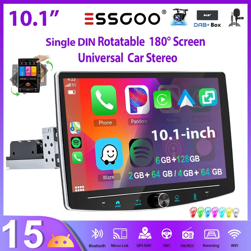 Autoradio Universale ESSGOO Android15 10.1" 4+64G/6+128G Touchscreen Rotabile 180° CarPlay Wireless Microfono Navigazione GPS Bluetooth WiFi RDS FM 2+64G Android Auto Mirror Link Controlli al Volante