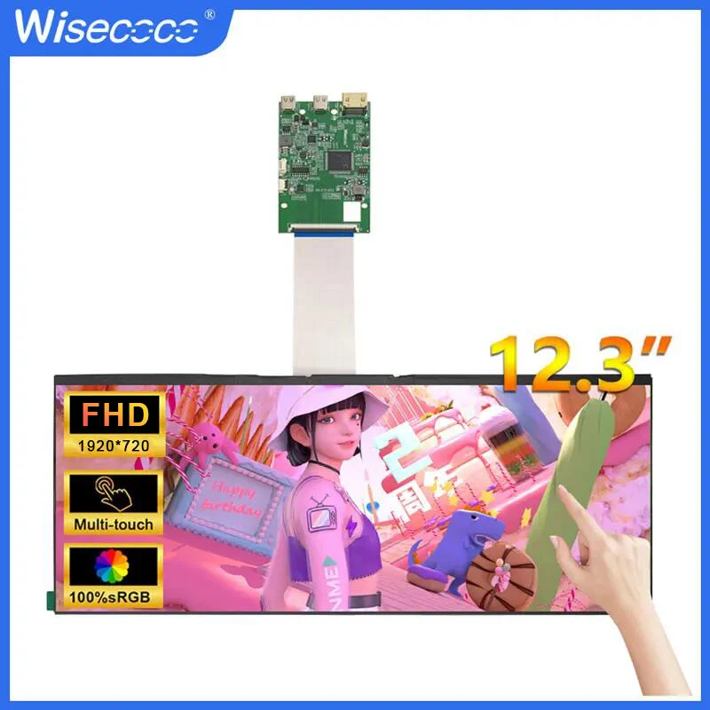 12.3 inch Touch Screen Type C 1920x720 Ultra Wide IPS Display Monitor HD-MI Bar Type LCD Display Widescreen Wisecoco