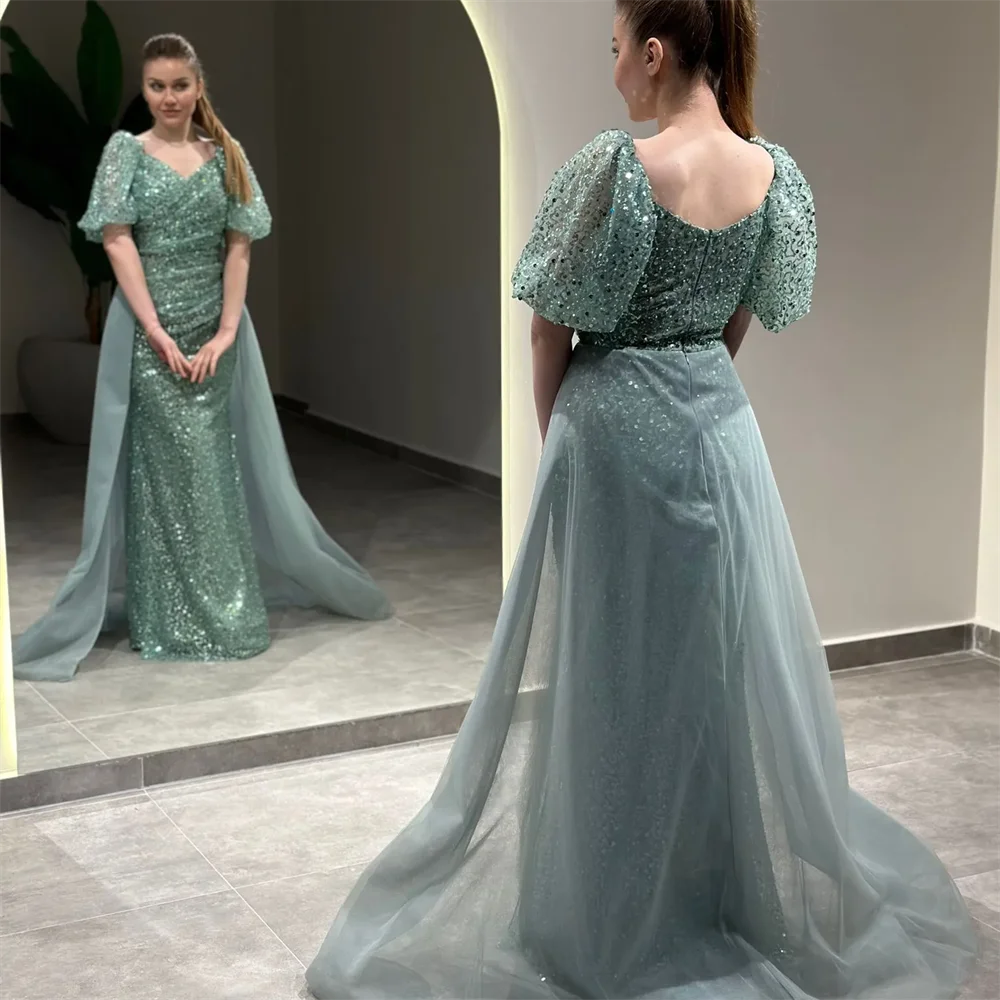 Customized Puffy Sleeves Beading Lace Evening Dress For Women Stunning Party Prom Gown With Detachable Train2024 فساتين سهرة