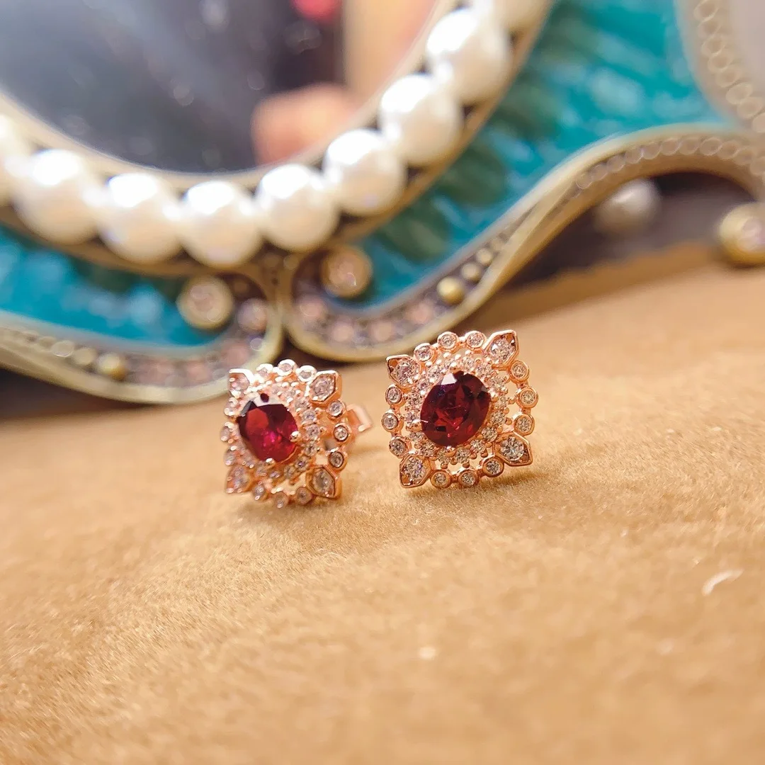 925 Sterling Silver Inset Natural Magnesium Aluminum Garnet 4x5mm Girls Electroplated Rose Gold Hollow Earrings to Girlfriend