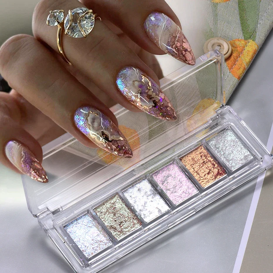 6 Farben super hell bling Schlamm feste Nägel Pigment Feuer Opal Kristall Chrom Glitter Pulver
