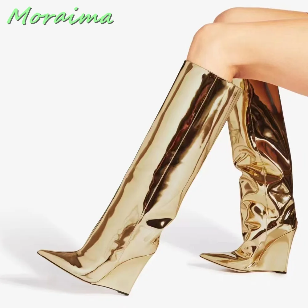 

Pointed Toe Wedge Knee-High Boots Mirror Leather Slip On Gold Solid Fashion Runway Women Shoes Autumn Winter Large Size Newest