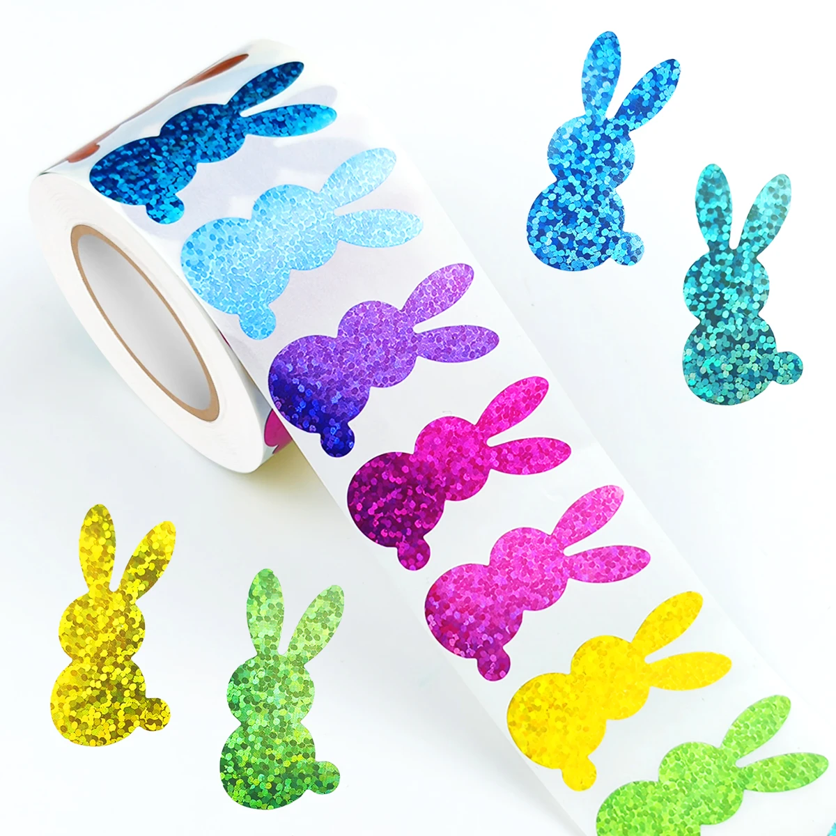 500 Pcs Easter Bunny Stickers - Colorful Laser-Cut Rabbit Decals with Glitter, Self-Adhesive Closure Labels for Envelopes