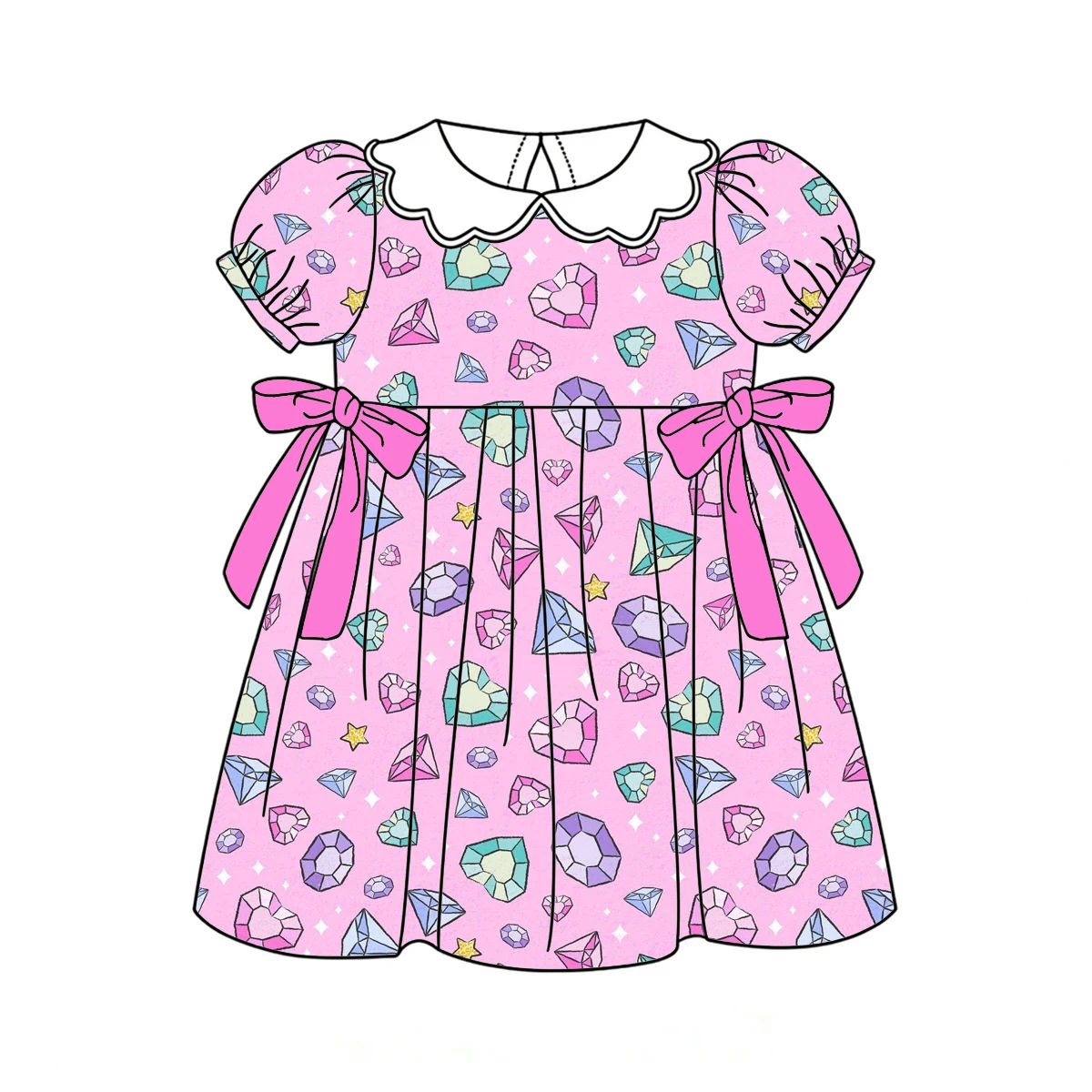 Boutique children's dresses hot-selling collars and puff sleeves bow embellishments floral strawberry gemstone prints wholesale