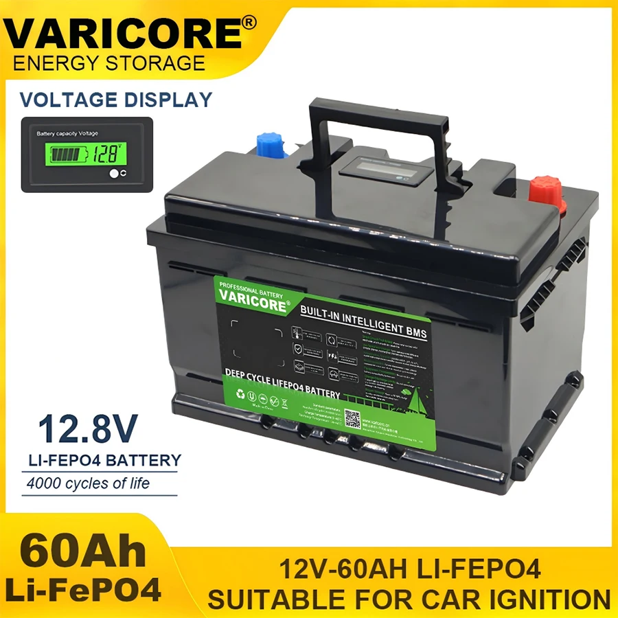 Batteria VariCore LiFePO4 12V 60Ah con BMS integrato, oltre 4000 cicli, batteria al litio ferro fosfato a ciclo profondo per camper, imbarcazioni solari