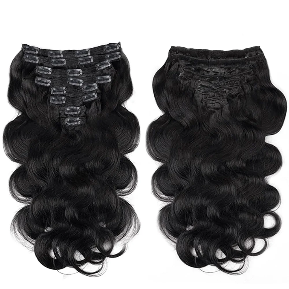 وصلات شعر بمشبك مموج للجسم، شعر بشري حقيقي، وصلات شعر بشري ريمي، شعر بشري طبيعي ناعم، أسود طبيعي #6