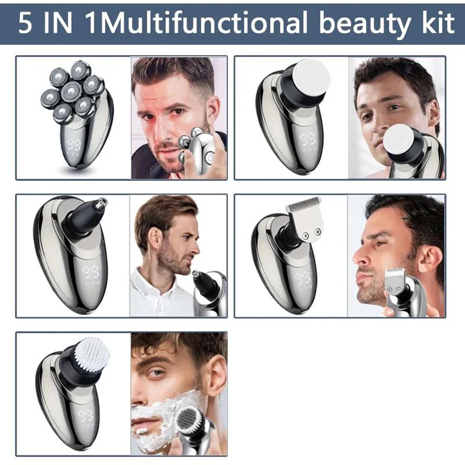 7D Electric Head Shaver For Bald Men 5 in 1 Cordless Rotary Razor Wet Dry Hair Trimmer Beard Clipper Grooming Kit