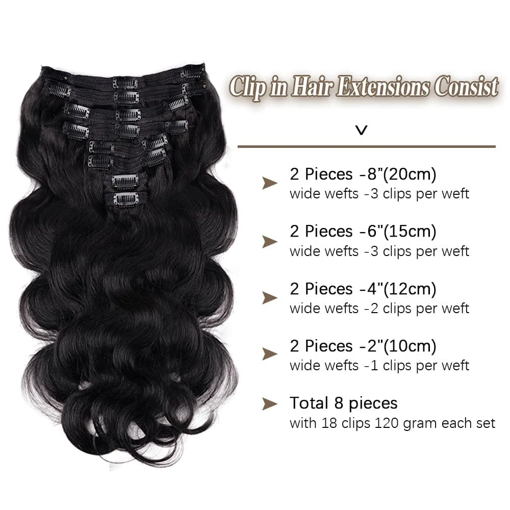 Extensions de cheveux à clipser Body Wave pour femmes, vrais cheveux humains, document noir naturel, 100% cheveux humains