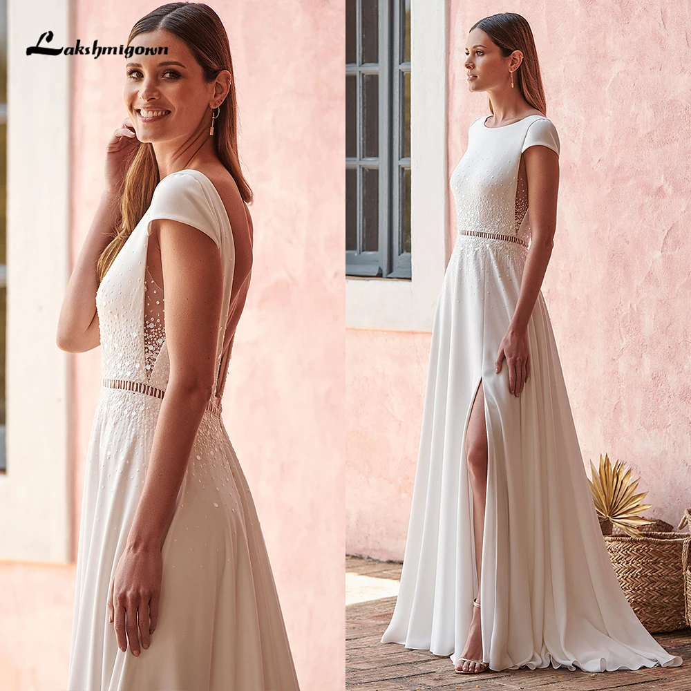 Sexy spacchi laterali O collo manica corta con cappuccio aperto sul retro in Chiffon di pizzo A Line abito da sposa per le donne abito da sposa vestidos de noiva robe