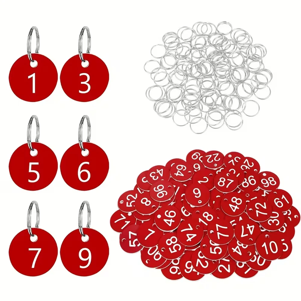 GEKTIMER Aluminium Number Tags Range Numbered Red Tags with Circular Metal Rings Engraved Round Number Labels ID Tags