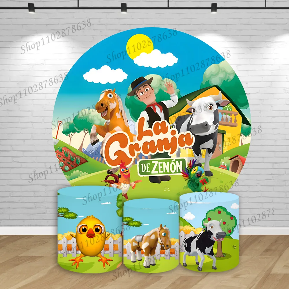 La Granja De Zenon Cubierta Redonda Percherón Pollito Pío Lola Cubierta Cilíndrica Fondo de Fotografía para Cumpleaños de Niño Decoración para Photocall