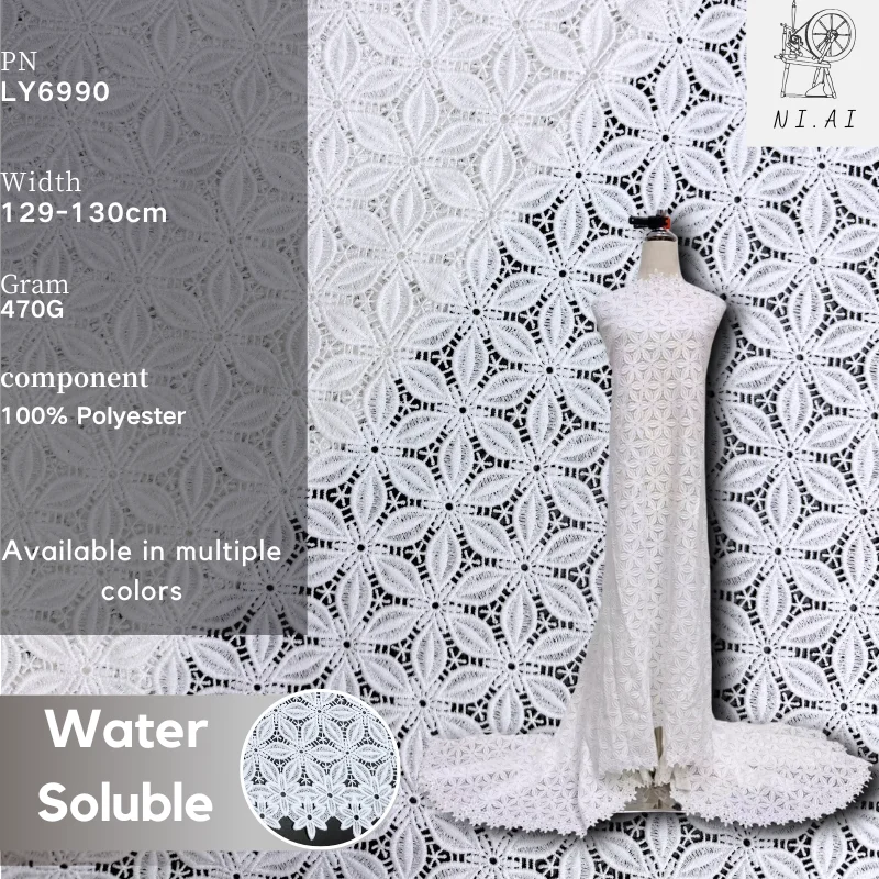 Tela de encaje de seda de leche de poliéster blanco, elegante bordado hueco, borde Floral, Material suave y suave para decoración del hogar de vestidos