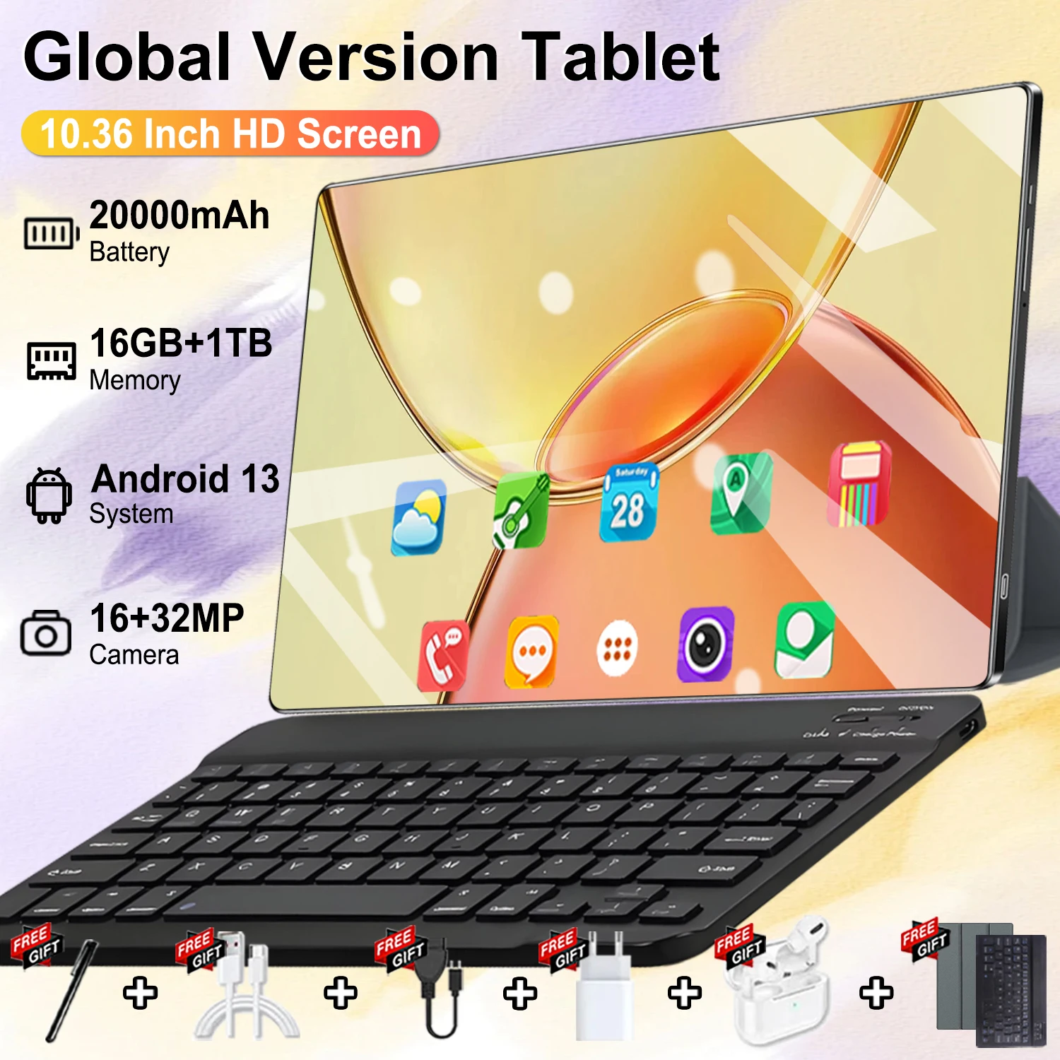 Global 20000mAh 10.36 Inch 5G Dual SIM Global New Tablet PC Android 13.0 14 Core 16GB RAM 1TB ROM Camera WPS Office Bluetooth