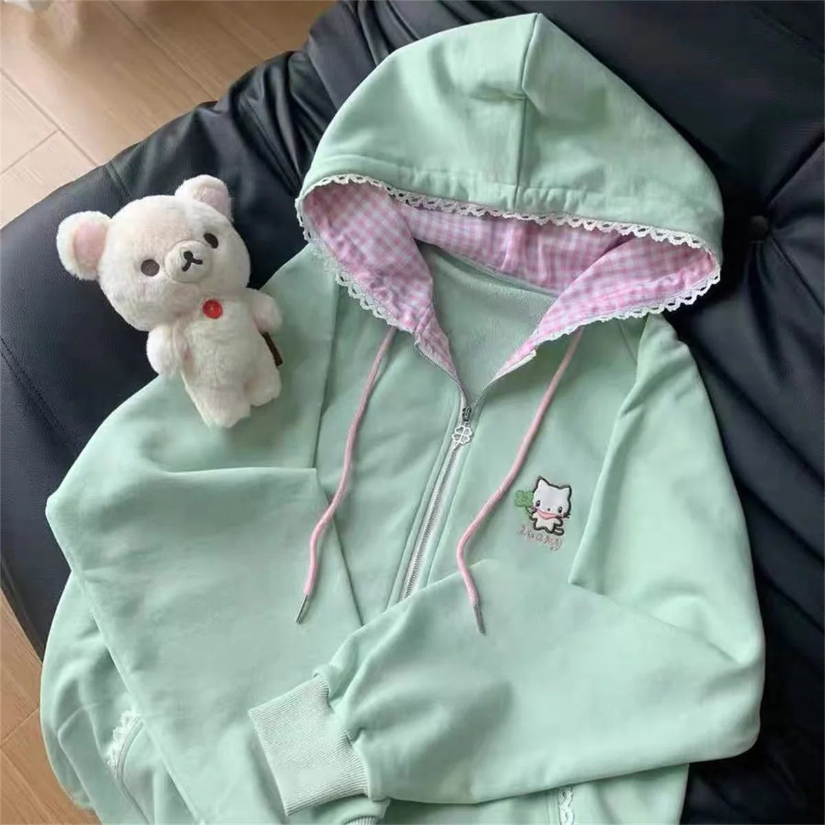 Y2k Hoodies Green Kawaii Cat Floral Print Hooded Zip-up Woman Sweatshirts Pink Ins Jacket Spring Fall Clothes Cute Streetwear view 2