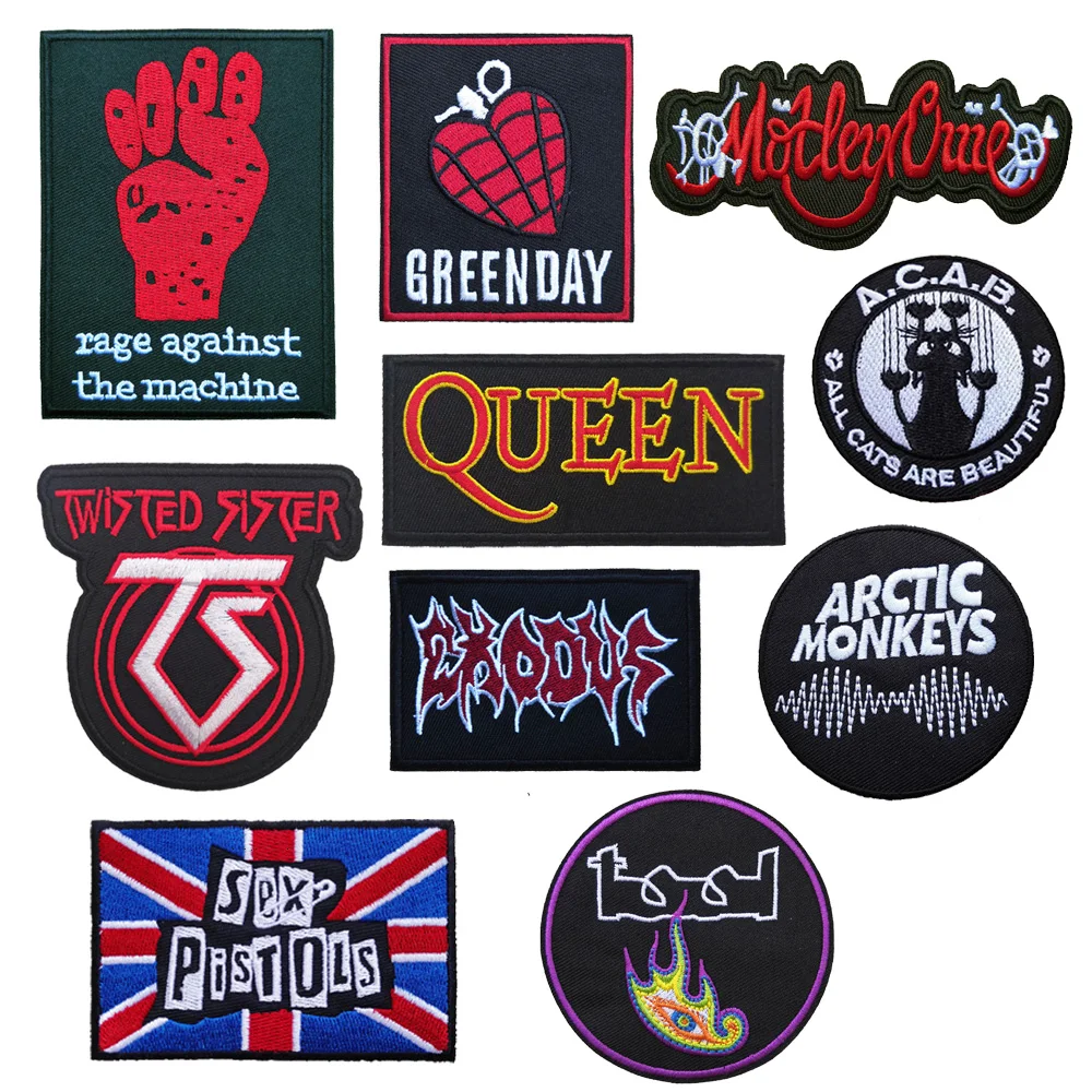 50 PCS Red Fist Greenday Iron On Patches Music Band Exodus Embroidery Badge Punk Biker Vest Clothing Accessories DIY