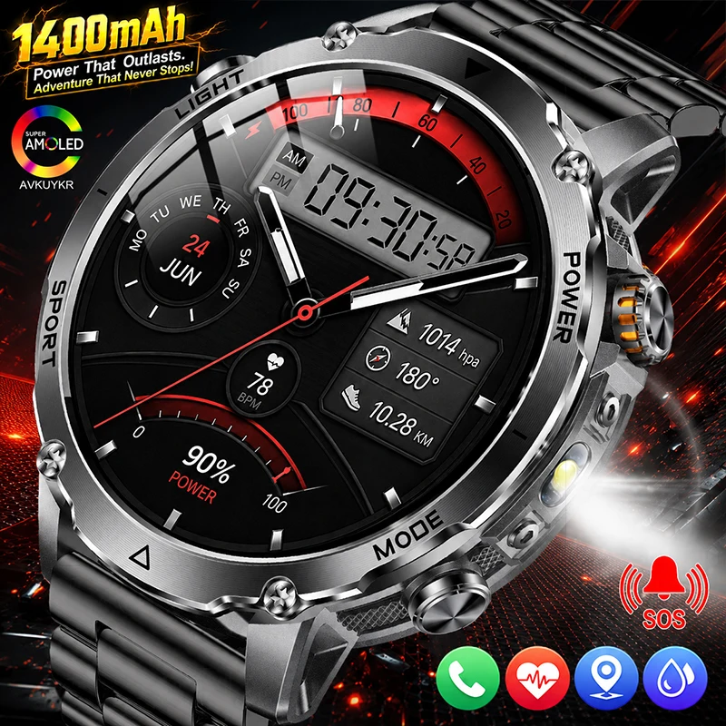

1400mAh Battery Smart Watch SOS Flashlight Bluetooth Call GPS Tracking Heart Rate IP68 Waterproof Steel Sports Watch Men Pro Max