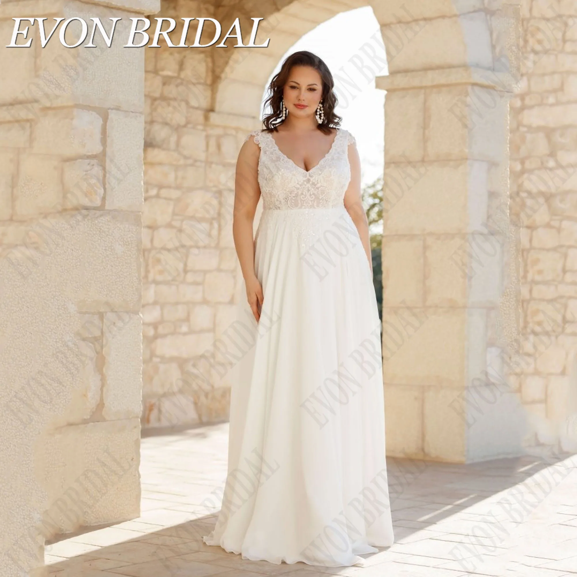 

EVON BRIDAL Lace Wedding Dresses Plus Size Sleeveless A-Line Chiffon Bridal Gowns Backless Civil Appliques V Neck Bride Gown