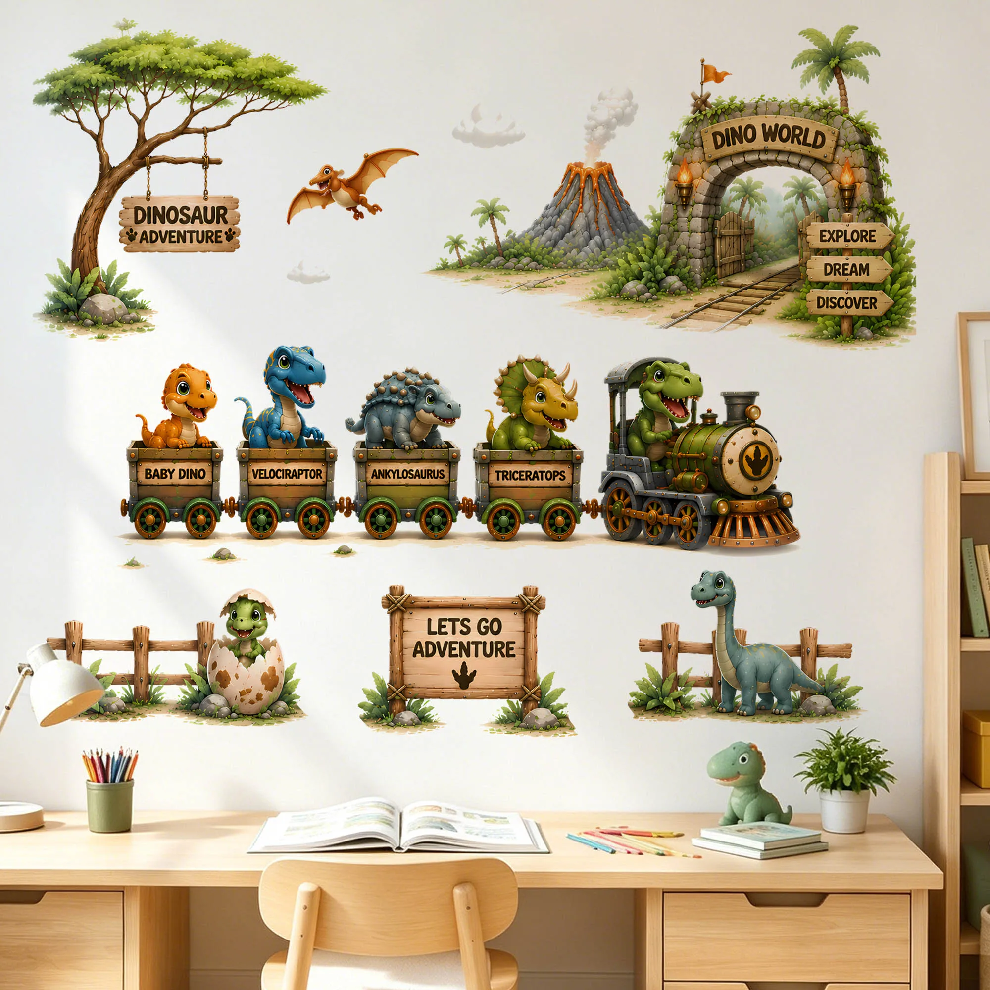 Pegatinas de Pared de Dinosaurios de Dibujos Animados para Habitaciones Infantiles, Calcomanías de T-Rex y Triceratops, Decoración de Pared para Cuarto de Bebé, Dormitorio, Sala de Juegos