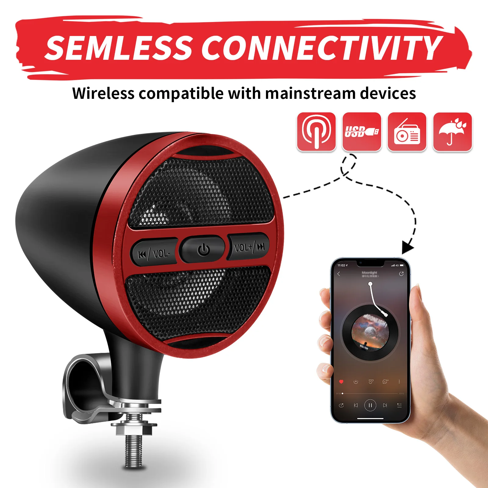 دراجة نارية بلوتوث متوافق المتكلم مقاوم للماء 12 فولت MP3 مشغل موسيقى راديو FM USB ستيريو ل 7/8-1.25 المقود أحمر أسود #5