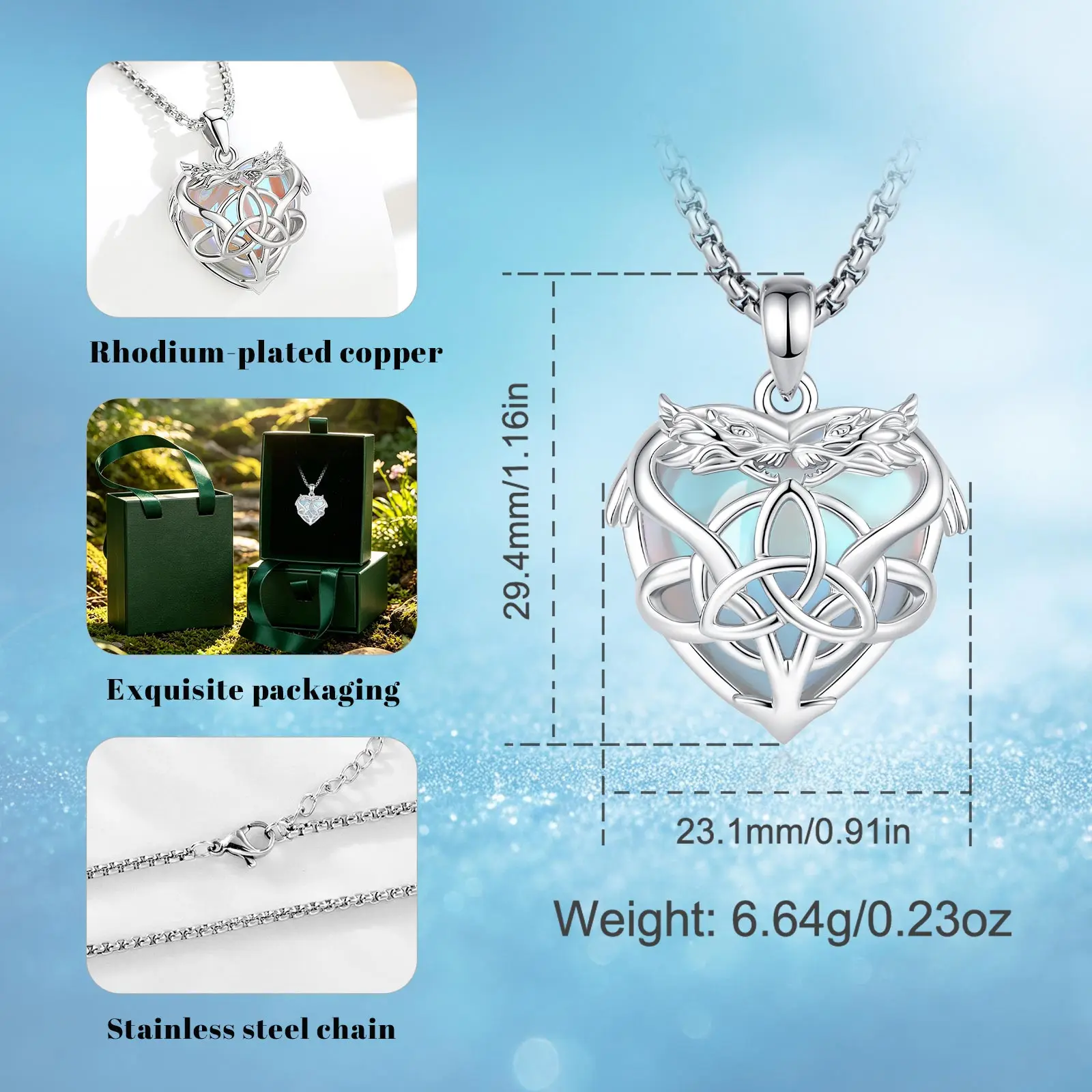 Eudora Moonstone Dragon Witch Knot Necklace Celtic Knot Amulet Pendant Wicca Pagan Jewelry Spiritual Gift for Women Men