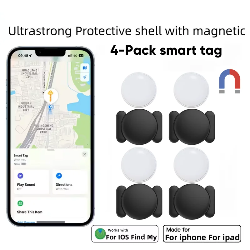 4-Pack IOS GPS Smart Tag for Apple Find My Tracker Kits with Strong Magnetic Suction Silicone Shell Anti-loss for Skateboard Car