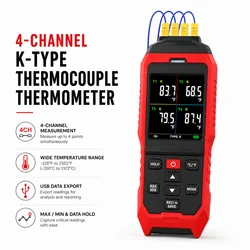 4-Channel K-Type Thermocouple Thermometer, -328 to 2502°F HVAC Thermometer with Color Dual Display, USB Data Export