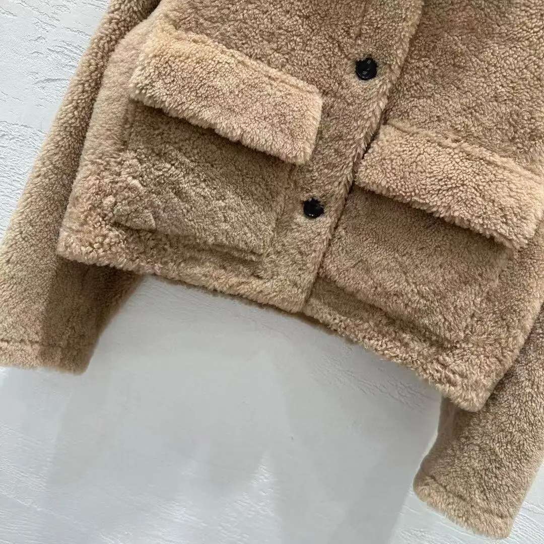 سترة فرو ميرينو فضفاضة للخريف والشتاء مع جيوب رقعة #3