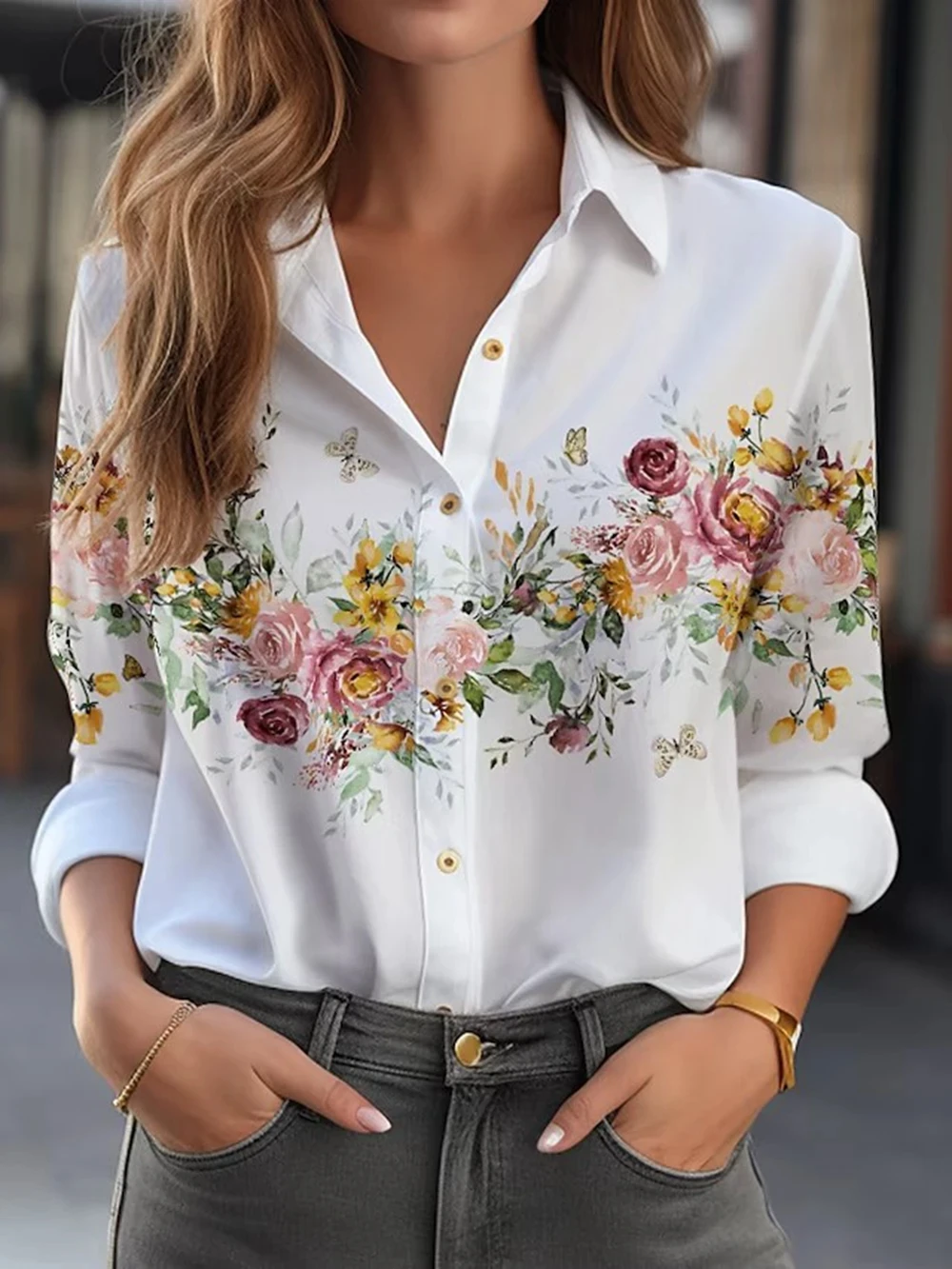 2024 Women's shirt & blouses Elegant flower Shirt 3D Print High quality Long Sleeve Fashion Large size Female clothing Blouse