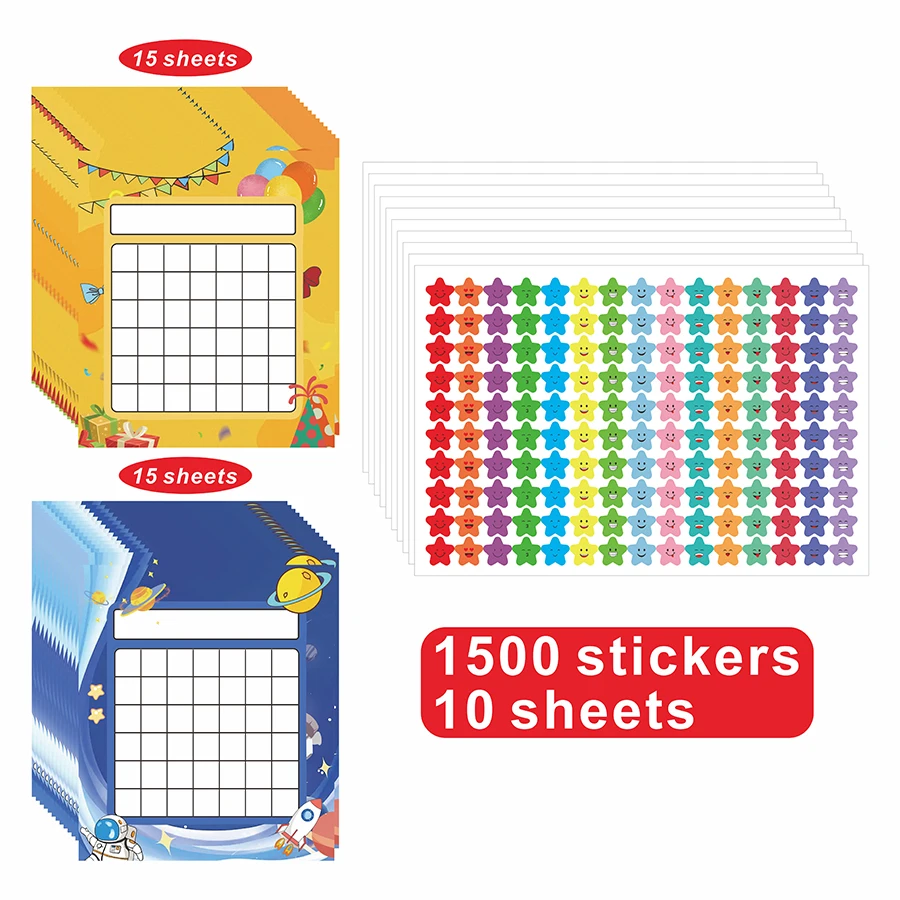 30 Reward Sheets, 1500 Colorful Stickers, 2 Designs, Ideal for Classroom & Home Use, Perfect for Positive Behavior & Task Comple
