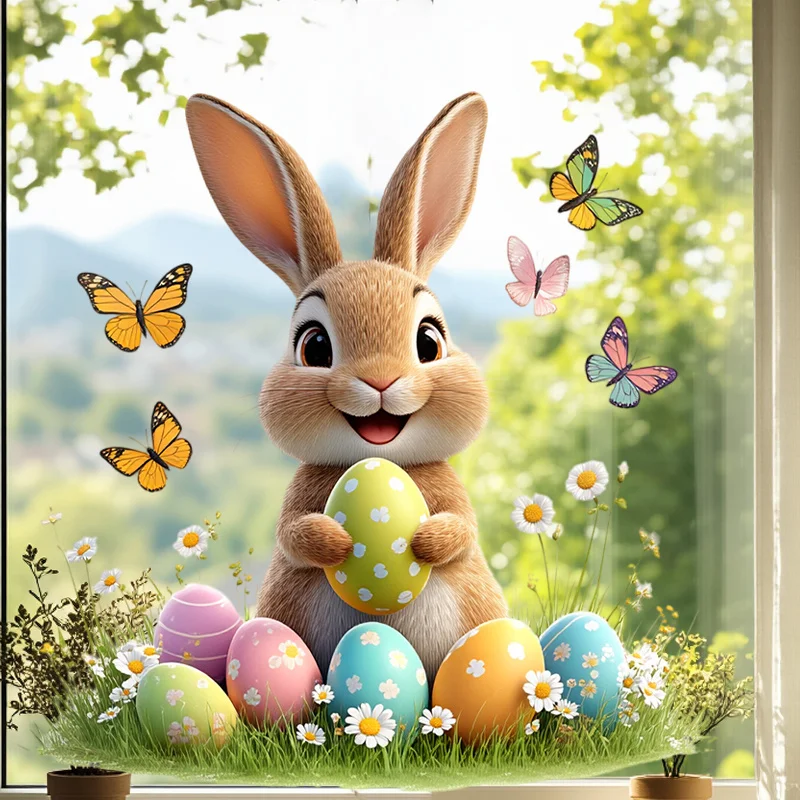 1Pc Charming and Cheerful Easter Bunny and Butterfly Wall Sticker, Self-Adhesive Pvc Home Decor DIY Sticker, Suitable for Study Room, Cabinet, Living Room, Bedroom, Dining Room, Bathroom, Entryway, Doors and Windows, and Wall Decals, Easily Create a Warm and Fun Space, a Creative and Thoughtful Gift for Family, Friends, and Loved Ones