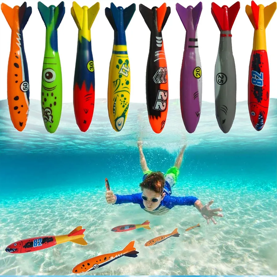 8/4/1 Pcs Diving Pool Toy Set, Colorful Sinking Torpedo Rocket Shark Underwater Toys, Swimming Training & Water Fun Games