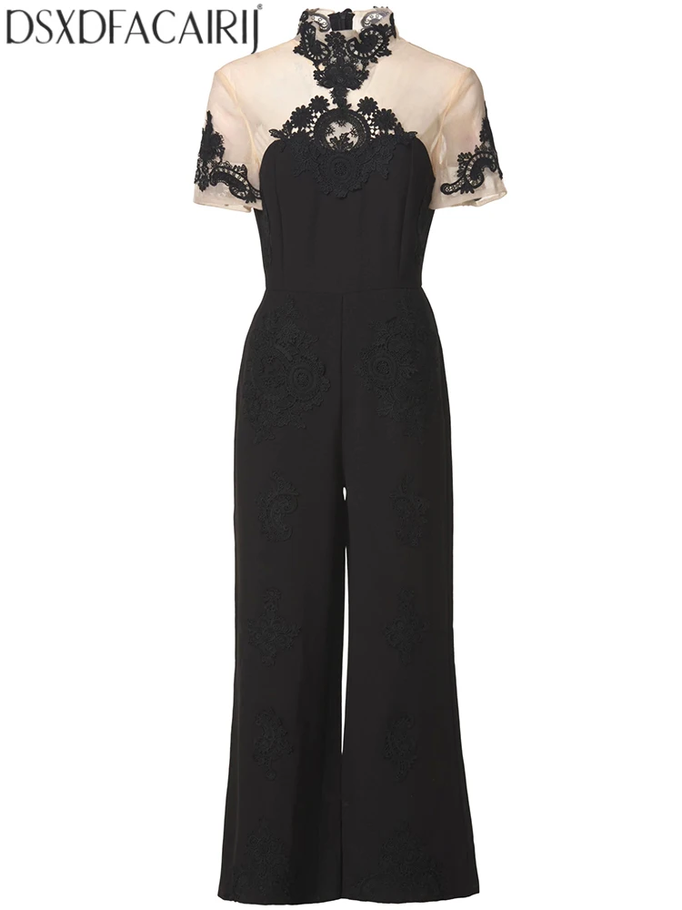 

DSXDFACAIRIJ Women's Stand Collar Short Sleeves Appliques Buttons Design Summer Office Lady Exquisite Elegant Jumpsuit