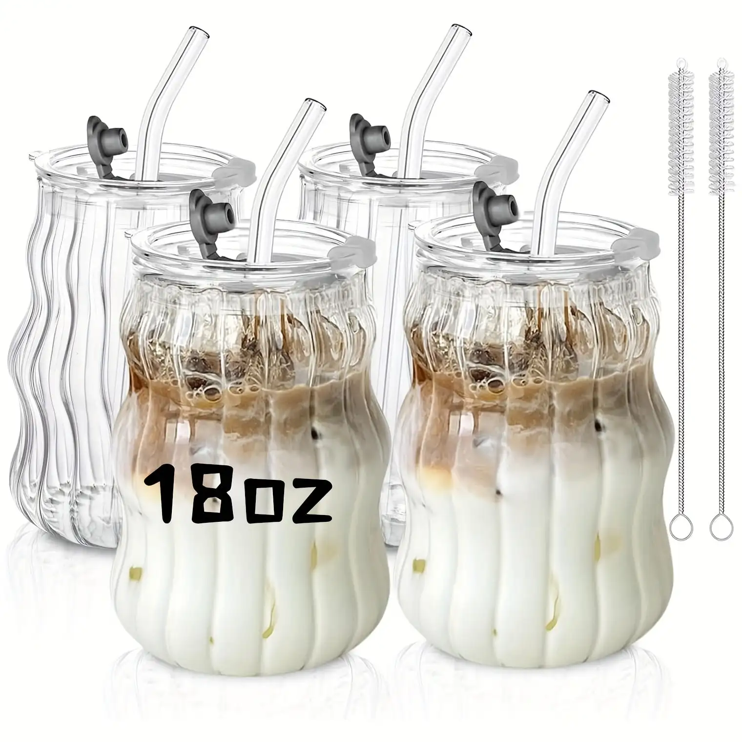 4PCS Coffee Mug With Lid And Straw, 18OZ Glass Cup, Bubble Glass Aesthetics For Iced Coffee, Transparent Ribbed Design, Idealware Set, Straw Cleaning Tool Included