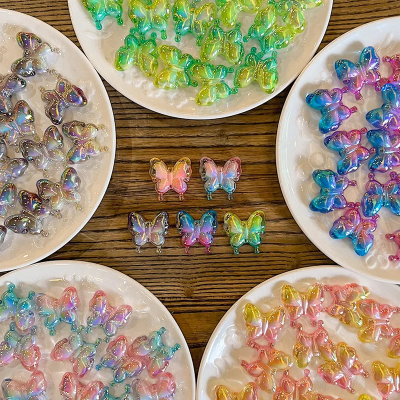 DW25 2pcs 25mm Gradient Minimalist Transparent Multi Color Butterfly Bead Necklace Pendant Handmade Trend New Department DIY