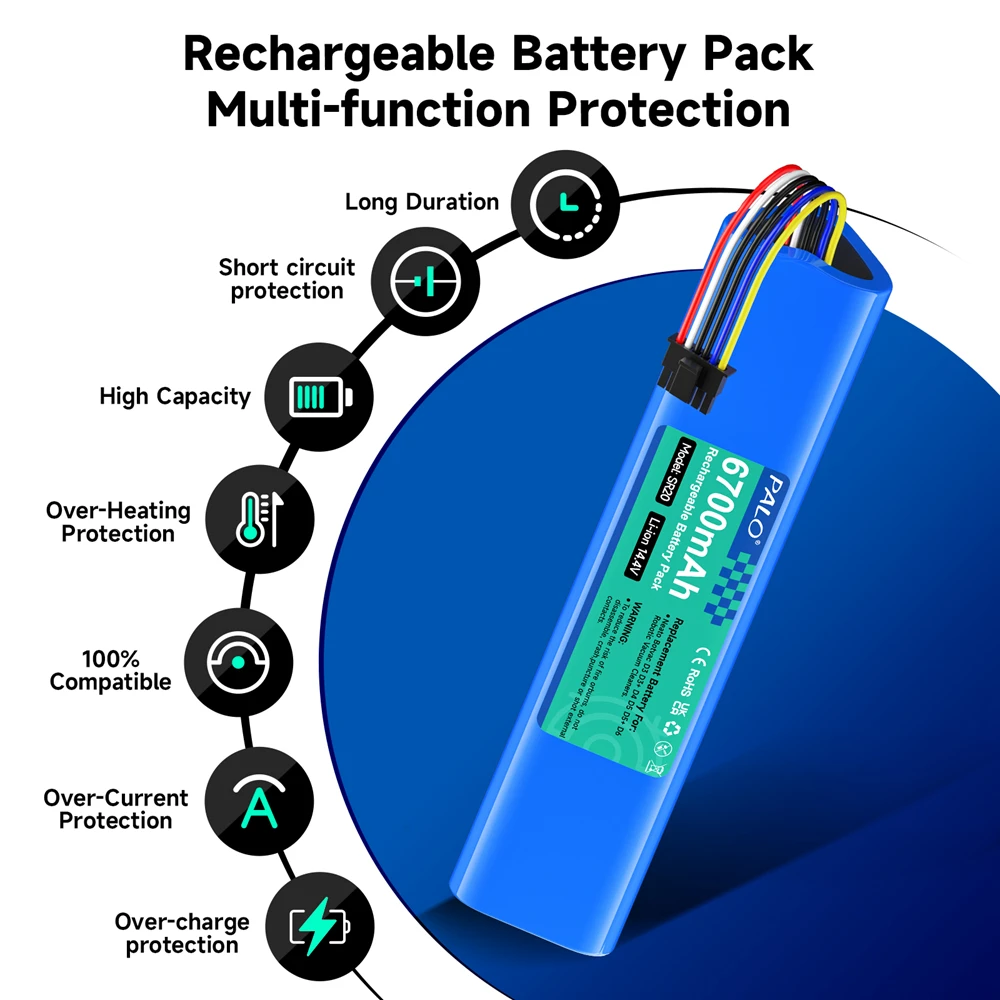 PALO Replacement Battery 14.4V 6700mAh for Neato Botvac D3 D3+ D4 D5 D5+ D6 D7 D301 D303 D502 D503 D701 205-0011 Sweeping Robot