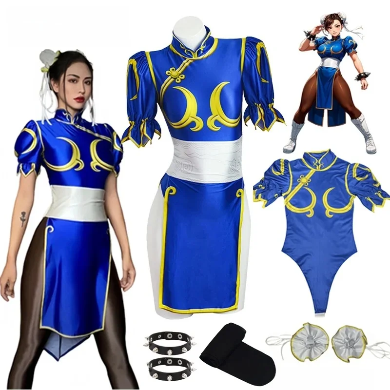 Damen Street Fighter Chun Li Cosplay Kostüm Game Fighter Chunli Blauer Cheongsam mit Kopfschmuck und Bund Halloween-Kostüm