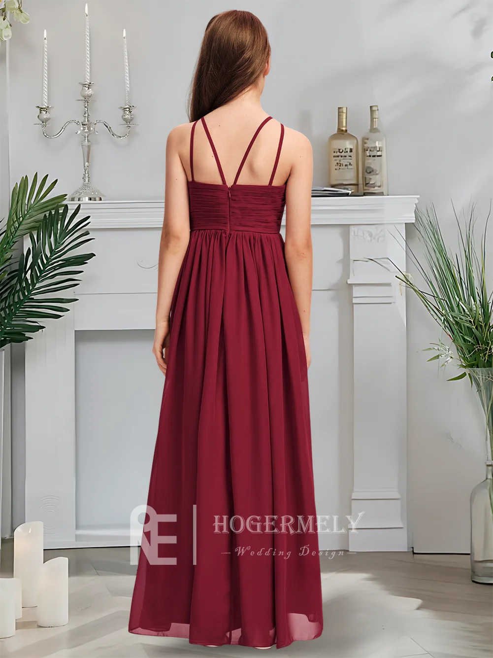 

C Kids Child Scoop Neck Junior Bridesmaid Dress Merlot Communion Dress Floor-Length Chiffon With Cascading Pleats Wedding Party
