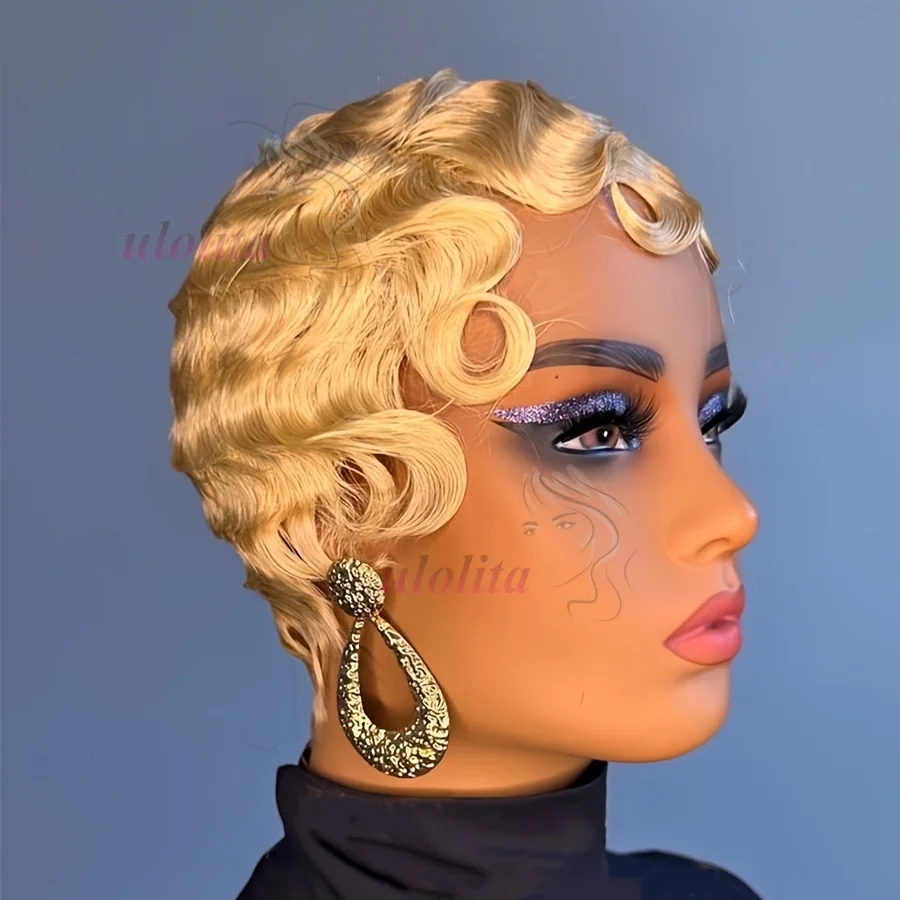 Farbton 99J # 27 braune kurze Pixie-Cut-Perücken für schwarze Frauen, Mommy-Perücke, brasilianische Echthaar-Perücken, Finger-Ocean-Wave-Perücke aus Echthaar – Detail 4