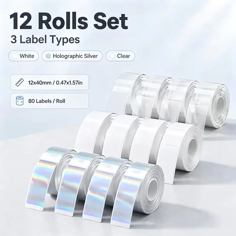 12 Rolls 12x40mm (1.19X3.99cm) Combination Gap Printed Labels, Total 1920pcs, 160pcs Per Roll, Compatible with P11 P15/D30 HP1