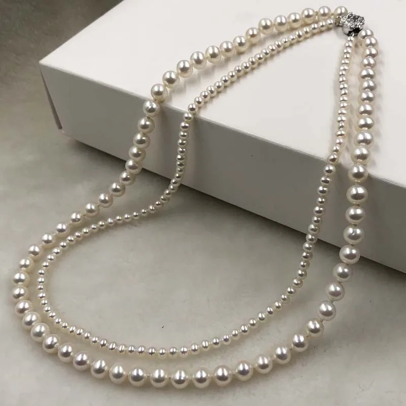 

ELEISPL JEWELRY 2Rows Fine White Pearls 3-4mm 6mm Necklace Rose Flower Clasp