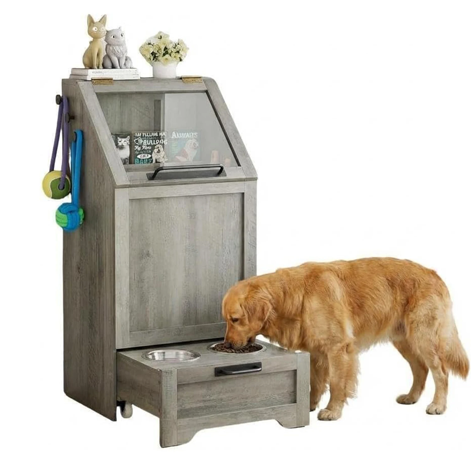 Stazione per l'alimentazione dei cani con ciotole rialzate e mobiletto contenitore, organizer per alimenti per animali con ciotole rialzate e coperchio a ribalta, ideale per soggiorno e cucina, colore
