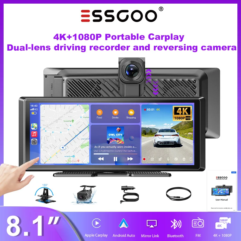 ESSGOO 8.1" 4K+1080P Przenośny Bezprzewodowy Ekran Carplay Kamera Samochodowa DVR Android Auto Rejestrator Wideo z Podwójnym Obiektywem Wifi FM AUX Type C Bluetooth Mirror Link Sterowanie z Kierownicy